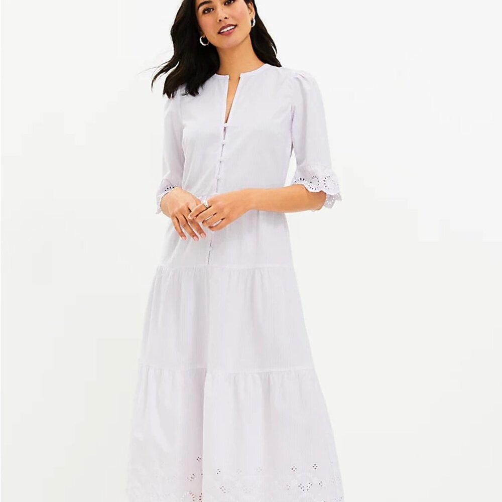 NWT LOFT Striped Eyelet Cuff Tiered Midi Dress